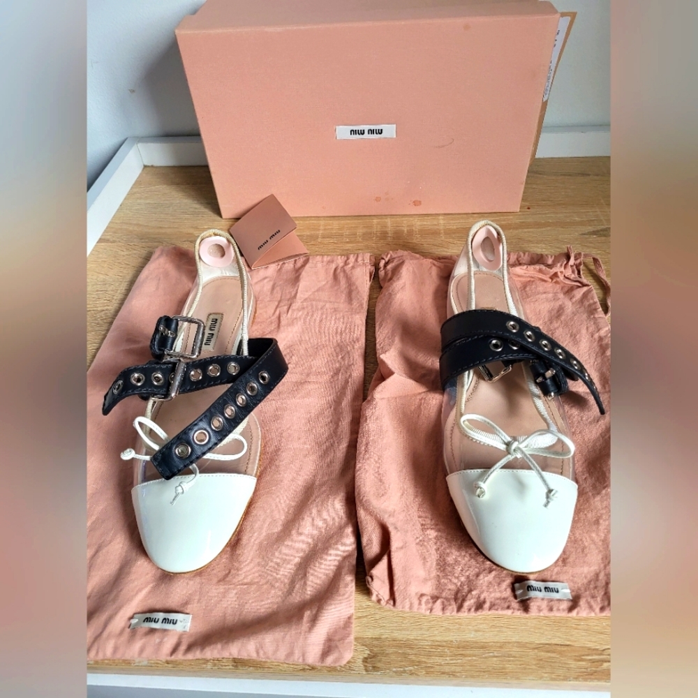 Miu miu transparent & white double bands ballerina flats